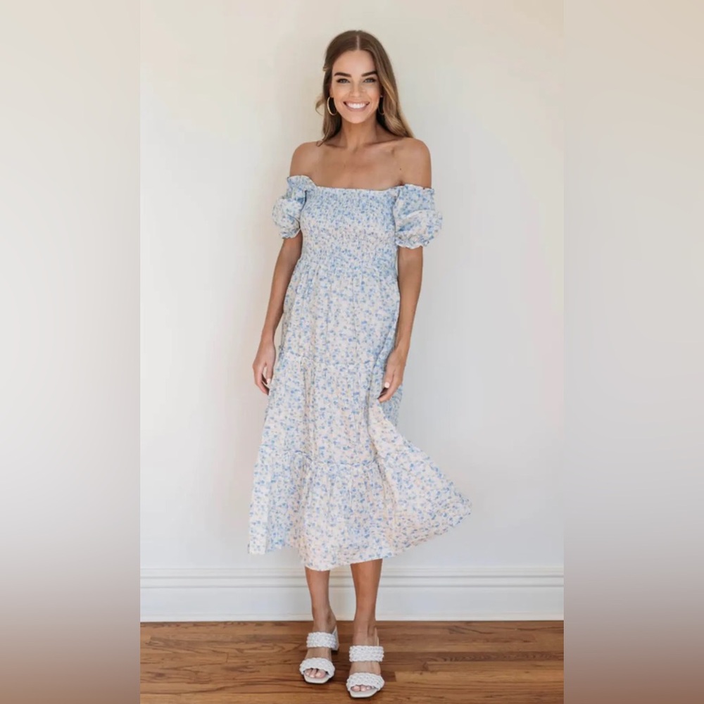 Pink Lily Lucky Timing Blue Floral Puff Sleeve Midi Dress